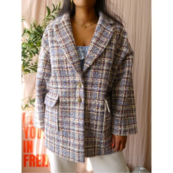 BA&SH Paris Blue Cream & Red Plaid Tweed Oversized Blazer Jacket Timy Short Coat - Picture 11 of 14